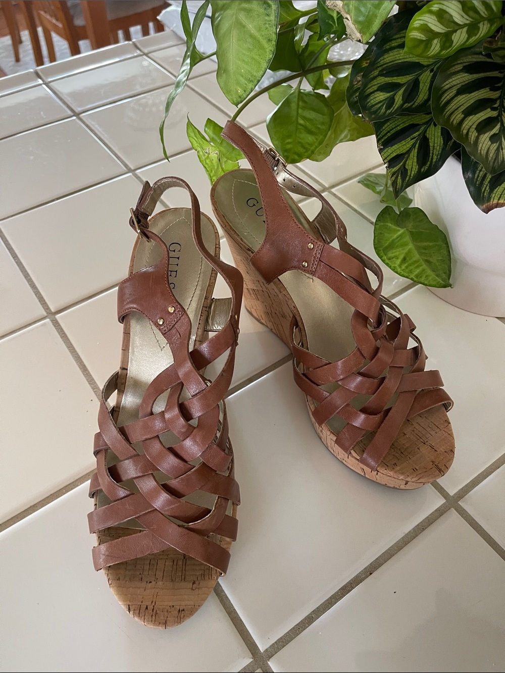 🆕Guess Brown Woven Leather Cork Wedge Sandals